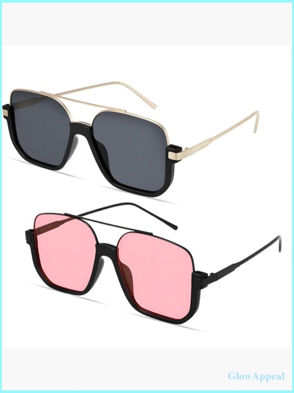 Oversized Aviator Sunglasses Double Bridge Square Frame UV Protection 2 Pair